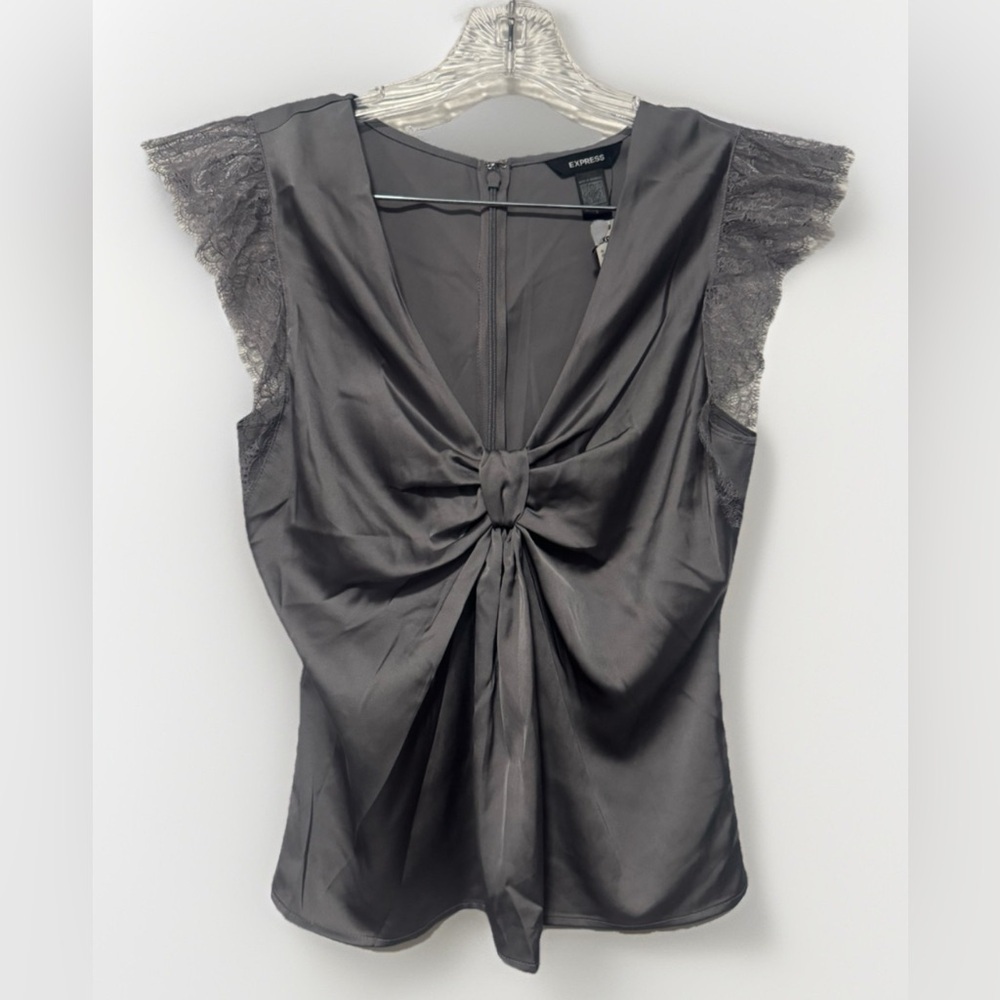 NWT Satin V-Neck Flutter Lace Sleeve Knot Gramercy Top Gray Small Shirt Express